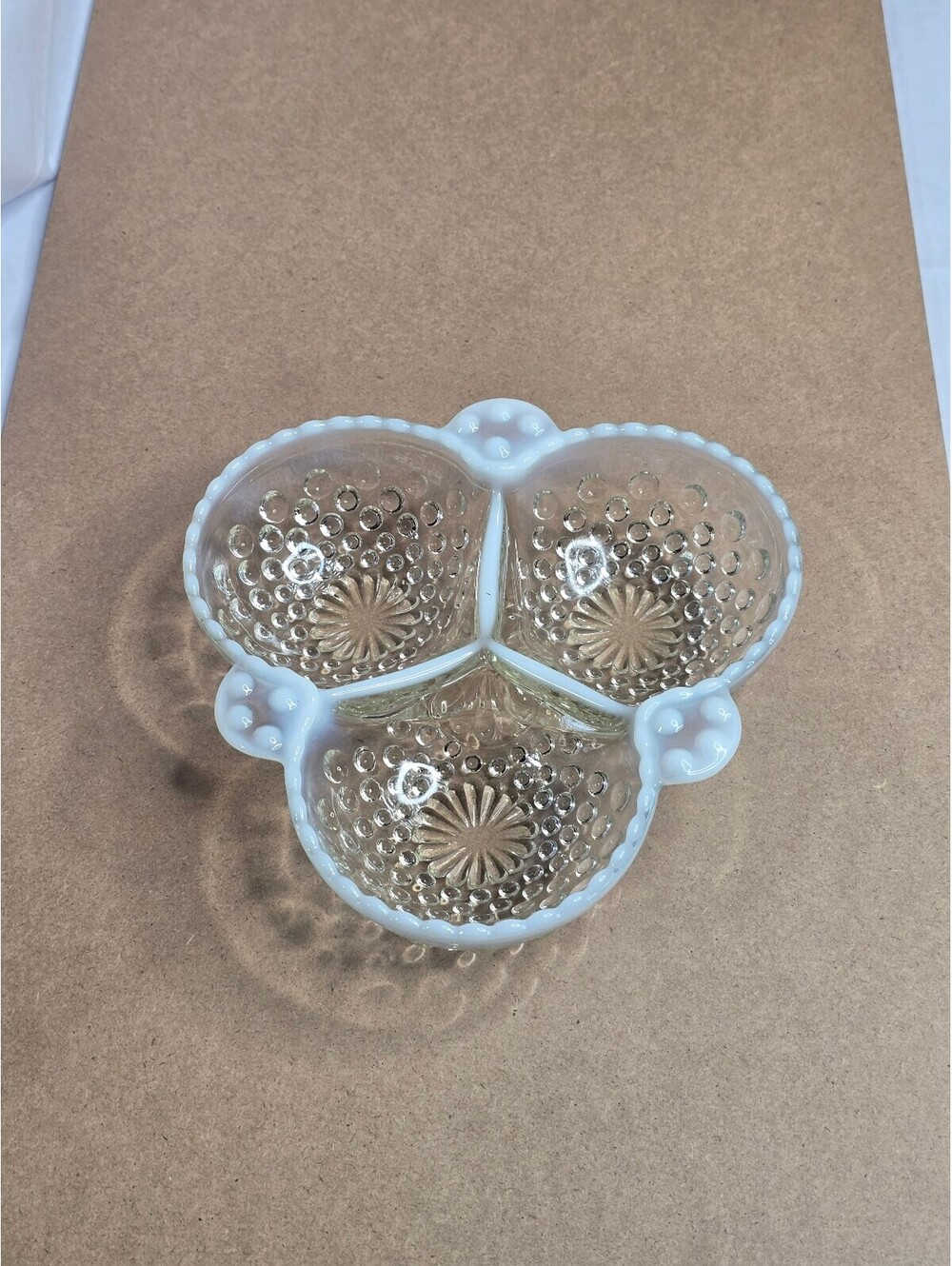 VNTG Anchor Hocking Moonstone Hobnail Opalescent 3 Section Clover Dish 6.5”